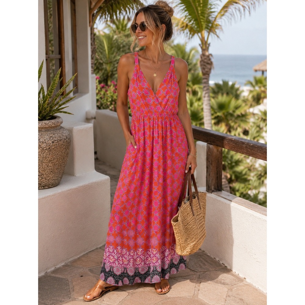 Banana‎ Republic Womens Pink Orange Maxi Dress Size 8 Retro Y2K Resort Cabana